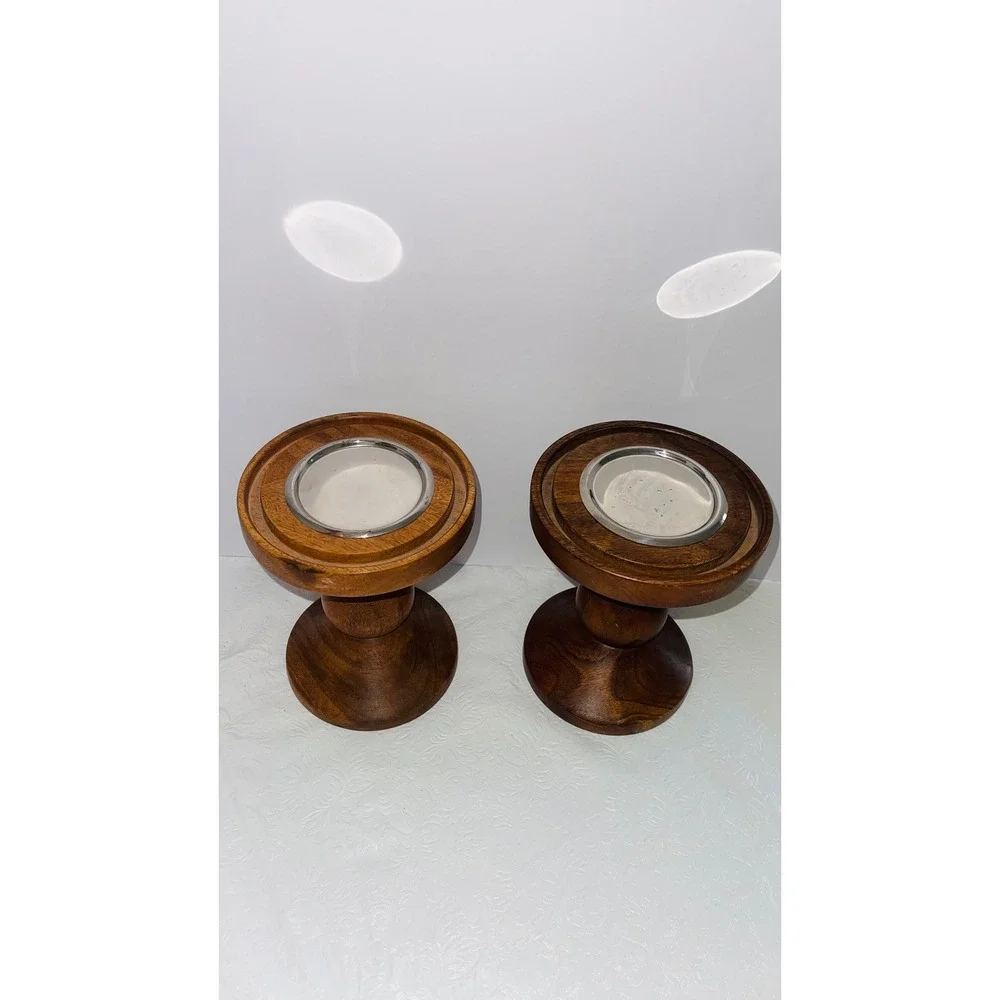Pair Turned Wood Pillar Candle Holders Metal Insert Stand 8 Inch Farmhouse⁠